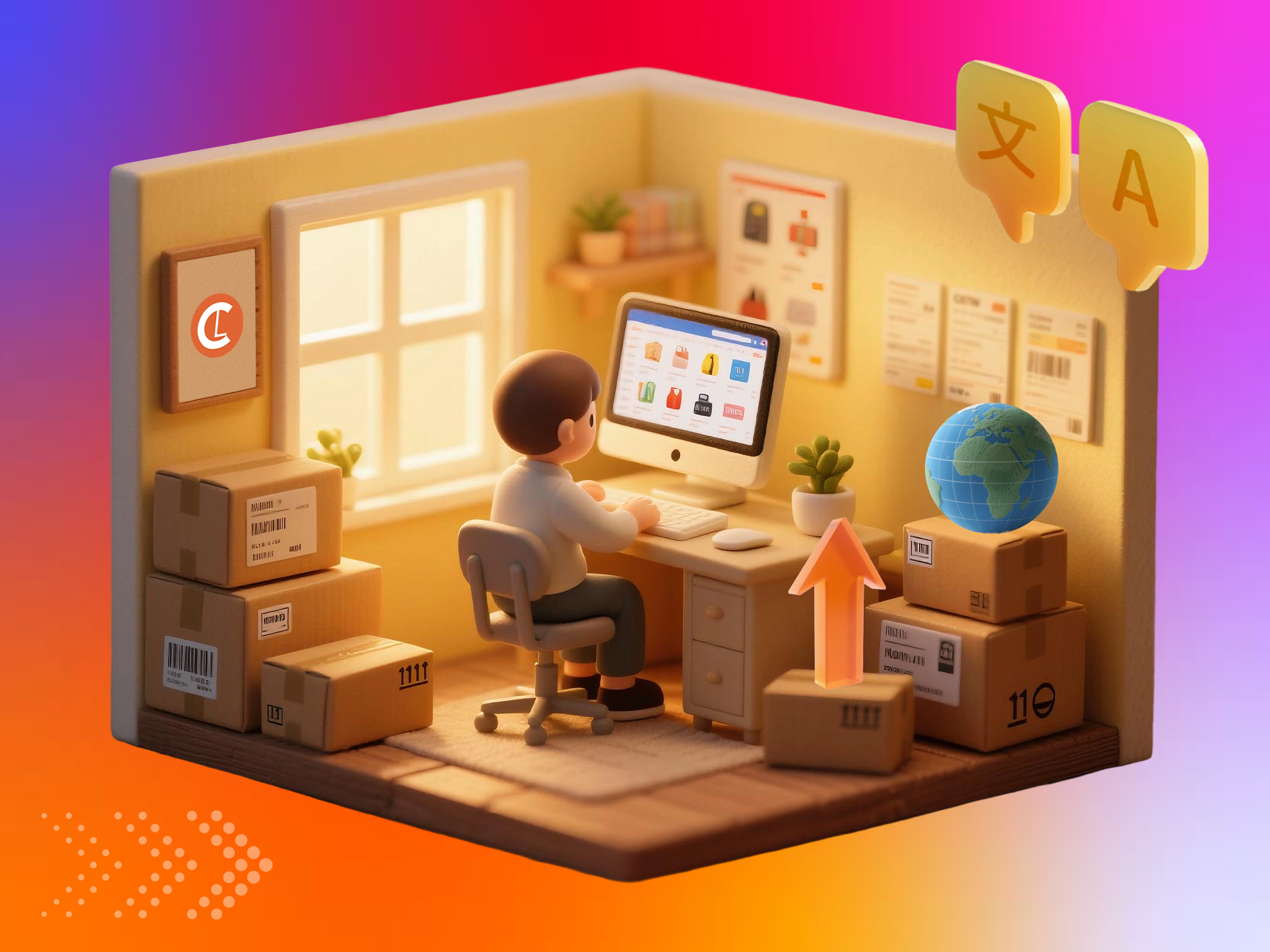 Cartoon character sitting in the office room in front a computer surrounded by carton boxes