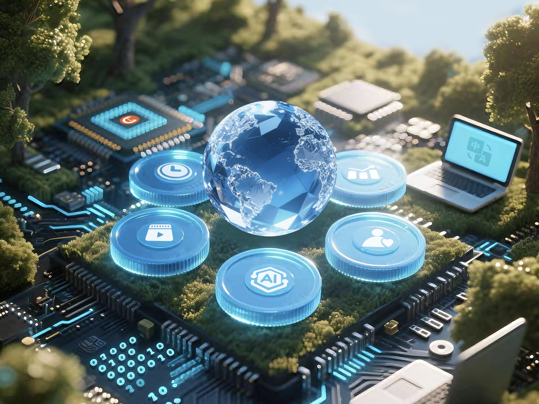 A futuristic digital landscape featuring a glowing blue globe at the center, surrounded by illuminated circular icons representing various digital services such as video, user support, artificial intelligence, statistics, and clock/time. The scene blends technology and nature, with circuit boards integrated into grassy terrain, and laptops displaying translation icons, symbolizing global connectivity, AI, and sustainable tech.